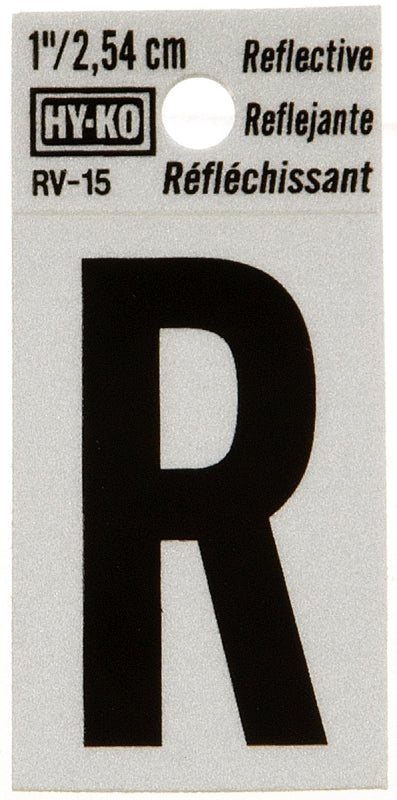 Hy-Ko RV-15/R Reflective Letter, Character: R, 1 in H Character, Black Character, Silver Background, Vinyl