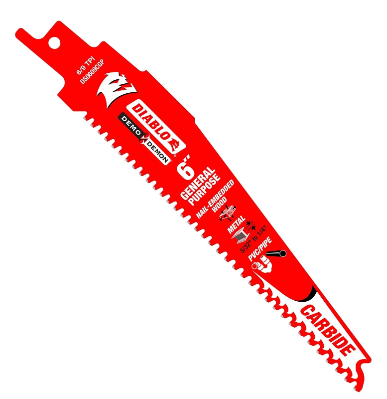 Diablo DS0609CGP Reciprocating Saw Blade, 6 in L, 6/9 TPI, Carbide Cutting Edge