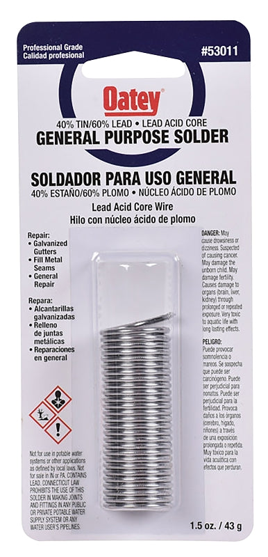 Oatey 53011 Acid Core Wire Solder, 1.5 oz Carded, Solid, Silver, 360 to 460 deg F Melting Point