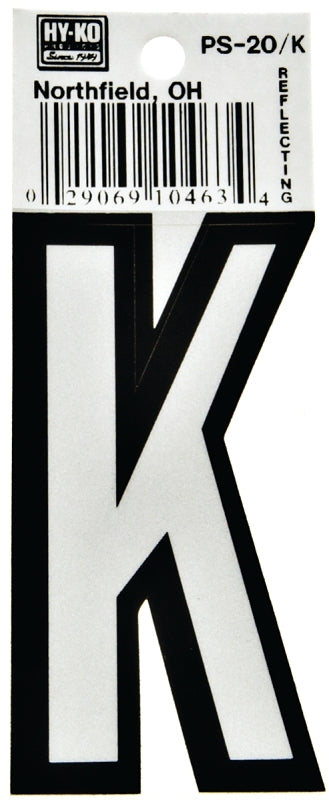 Hy-Ko PS-20/K Reflective Letter, Character: K, 3-1/4 in H Character, Black/White Character, Vinyl