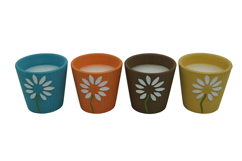 Seasonal Trends Y252 Ceramic Flower Citronella Candle, Round, Yellow, Orange, Blue and Brown, Citronella