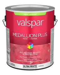 Medallion Plus 029.1026002.007 Exterior Paint and Primer, Acrylic, Satin, Ultra White, 1 gal