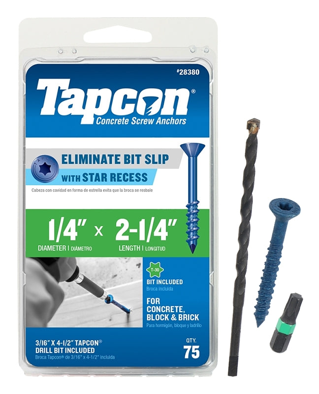 Buildex Tapcon 28380 Concrete Screw Anchor, 1/4 in Dia, 2-1/4 in L, Steel, Climaseal