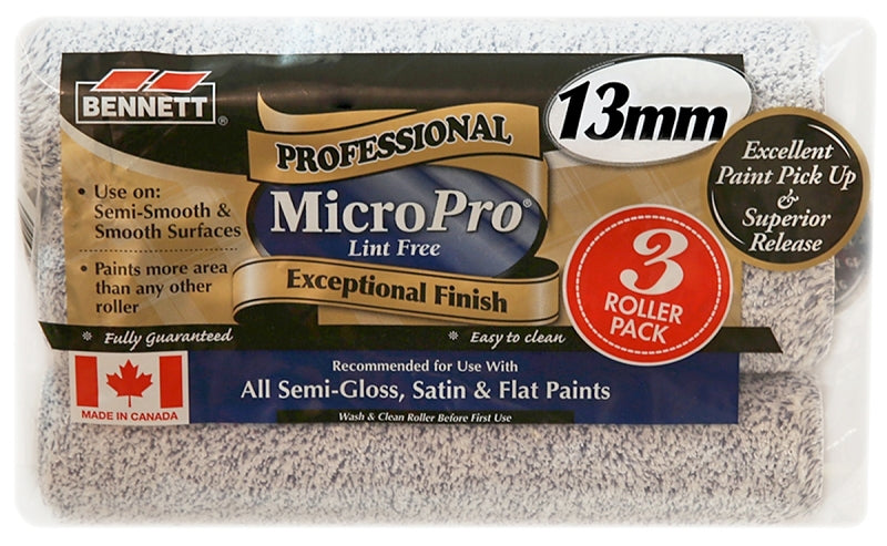 BENNETT 3PK MP13MM Roller Refill, 13 mm Thick Nap, 9-1/2 in L, Microfiber Cover, Blue