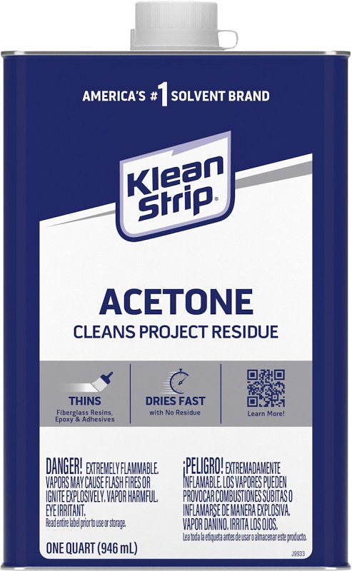 Klean Strip QAC18 Acetone Thinner, Liquid, Characteristic Ketone, Sweet Pungent, Clear, 1 qt, Can