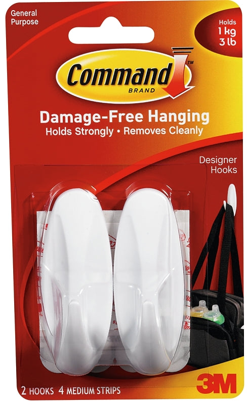 Command 17081 Designer Hook, 5/8 in Opening, 3 lb, 2-Hook, Plastic, White