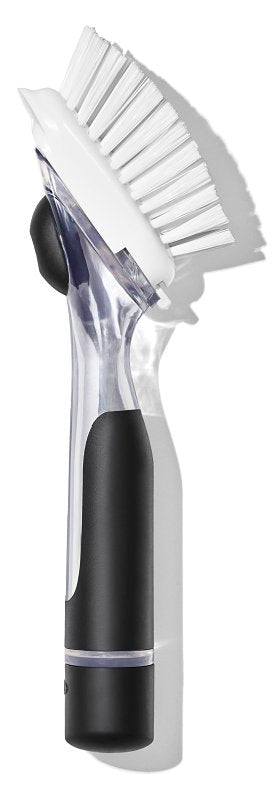 Oxo 12361700 Soap Dispenser Dish Brush, Nylon Bristle, 9.3 in L, Plastic/Rubber Handle, Black/Clear/White