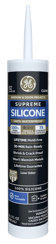 GE Supreme Silicone 2814816 Window & Door Sealant, Clear, 24 hr Curing, 10.1 fl-oz Cartridge
