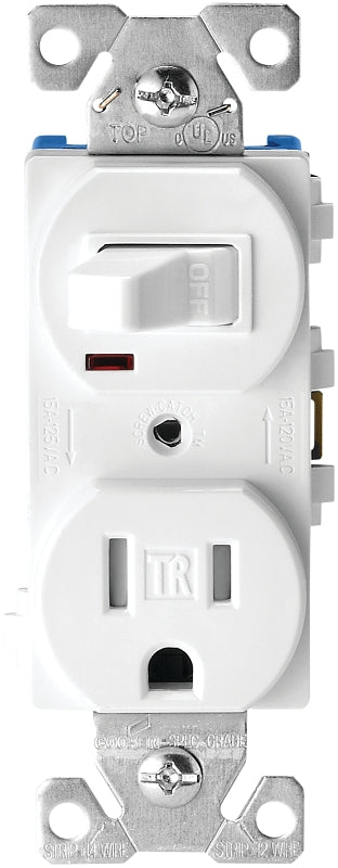 Eaton Cooper Wiring TR274W Heavy-Duty Combination Switch/Receptacle, 120 V Switch, 125 V Receptacle, 2-Pole