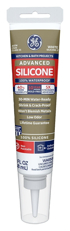 GE Silicone II GE281 Caulk, White, -60 to 400 deg F, 2.8 oz Tube
