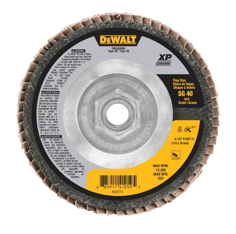 DeWALT XP Ceramic DWA8280H Flap Disc, 4-1/2 in Dia, 5/8-11 Arbor, 40 Grit, Coarse, Ceramic Abrasive, Cloth Backing