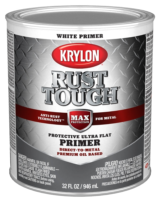 Krylon Rust Tough K09718008 Primer, Ultra Flat, White, 1 qt