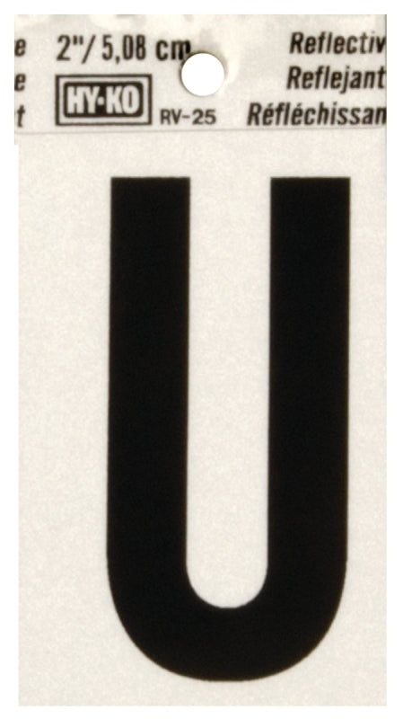 Hy-Ko RV-25/U Reflective Letter, 1-1/2 in W x 3 in H Dimensions, Character: U, 2 in H Character, Black Character, Vinyl