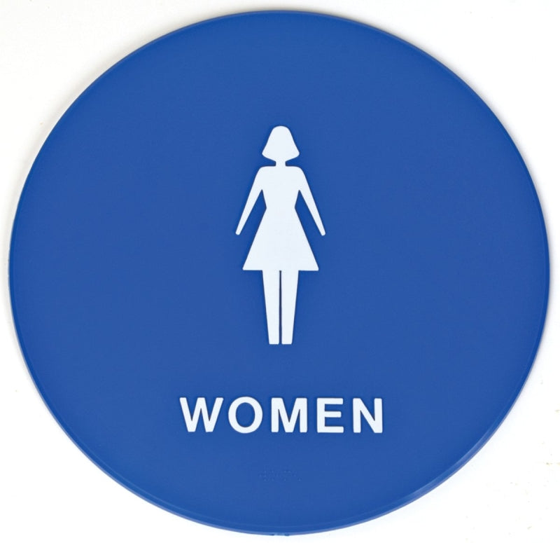 Hy-Ko T-24W Graphic Sign, Round, WOMEN, White Legend, Blue Background, Plastic, 12 in W x 12 in H Dimensions