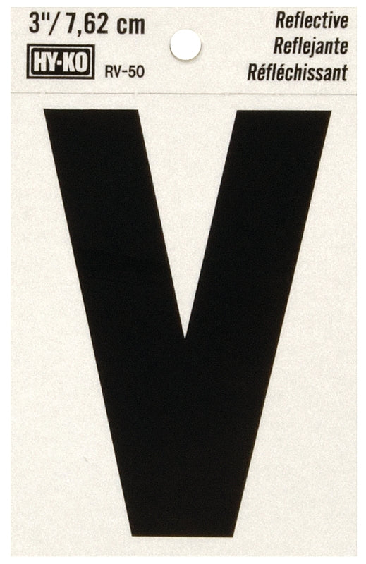 Hy-Ko RV-50/V Reflective Letter, 2-1/2 in W x 4 in H Dimensions, Character: V, 3 in H Character, Black Character, Vinyl