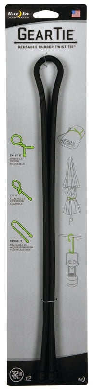 Gear Tie GT32-2PK-01 Twist Tie, Rubber, Black, 32 in L