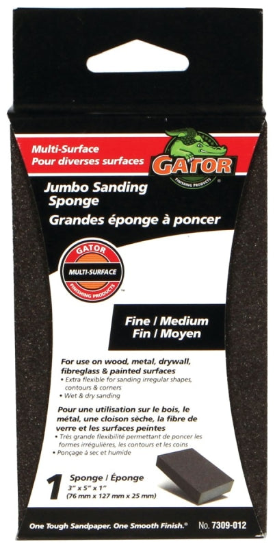 Gator 7309-012 Sanding Sponge, 5 in L, 3 in W, Fine, Medium, Aluminum Oxide Abrasive, Jumbo Size