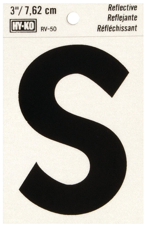Hy-Ko RV-50/S Reflective Letter, 2-1/2 in W x 4 in H Dimensions, Character: S, 3 in H Character, Black Character, Vinyl