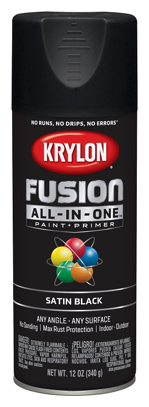 Krylon K02732007 Spray Paint, 12 oz Can, 25 sq-ft Coverage Area, Acrylic Base, Satin, Black, Exterior, Interior