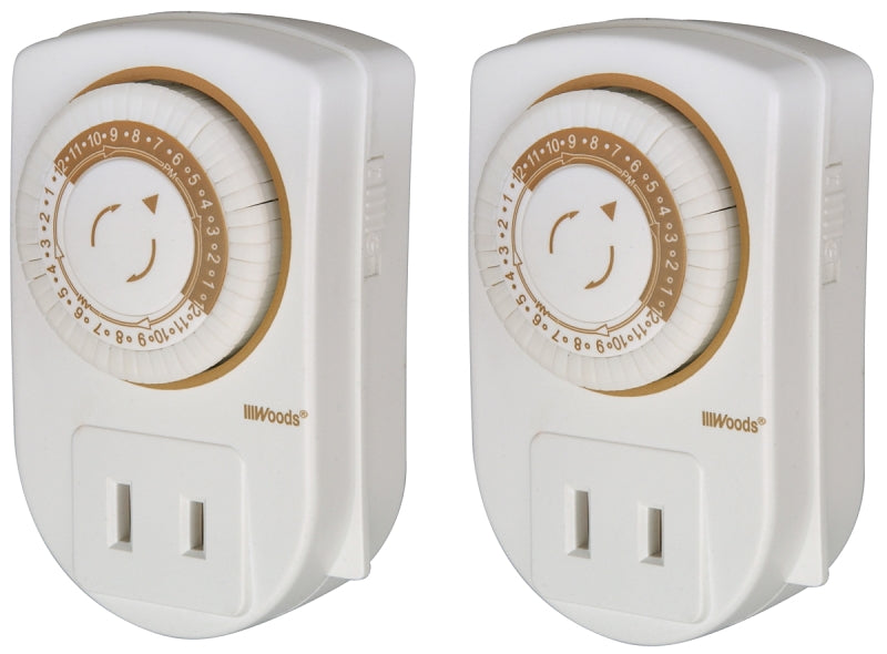 Woods 50006 Mechanical Timer, 15 A, 125 V, 1875 W, White, 24 hr Time Setting, 24 On/Off Cycles Per Day Cycle