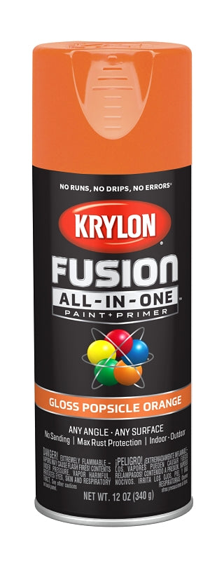 Krylon K02718007 Spray Paint, 12 oz Can, 25 sq-ft Coverage Area, Popsicle Orange, Exterior, Interior