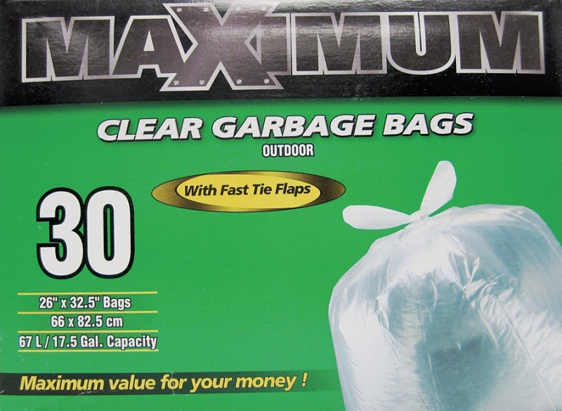 MAXIMUM 26363 Garbage Bag, 17.5 gal Capacity, Plastic/Virgin Hexene, Clear