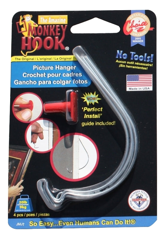Monkey Hook Original Series TMH-345 Picture Hanger, 20 lb, High Carbon Spring Steel, Galvanized Zinc, Silver