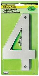 Hy-Ko 30800 Series 30804 Reflective Sign, Character: 4, 6 in H Character, Black/Silver Character, Plastic
