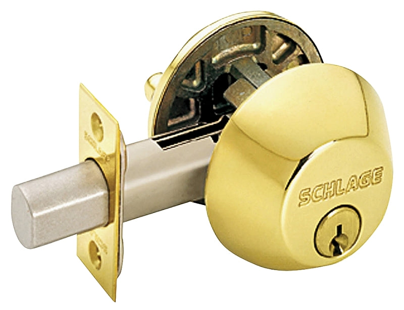 Schlage B60N605 Deadbolt, 1 Grade, SC1 Key, Bright Brass, 2-3/8, 2-3/4 in Backset, C Keyway