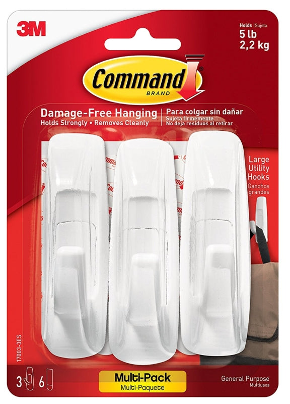 Command 17003-VP-3PK Utility Hook, 7/8 in Opening, 5 lb, 3-Hook, Plastic, White