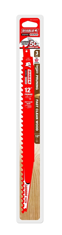 Diablo DS1203CP3 Reciprocating Saw Blade, 12 in L, 3 TPI, Carbide Cutting Edge, 3/PK