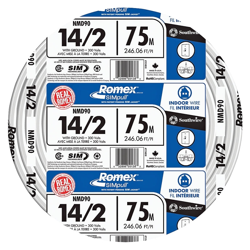 Romex 47174876 Series Building Wire, White Sheath, 14 AWG Wire, 2-Conductor, 75 m L, Copper Conductor, PVC Insulation