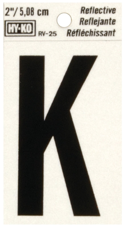 Hy-Ko RV-25/K Reflective Letter, 1-1/2 in W x 3 in H Dimensions, Character: K, 2 in H Character, Black Character, Vinyl