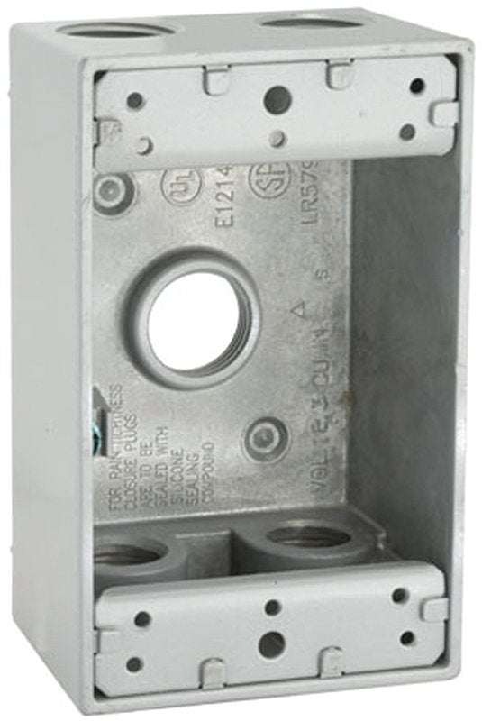 Hubbell 5331-0 Weatherproof Box, 18.3 cu-in, 5-Outlet, 1-Gang, Aluminum, Gray, Powder-Coated