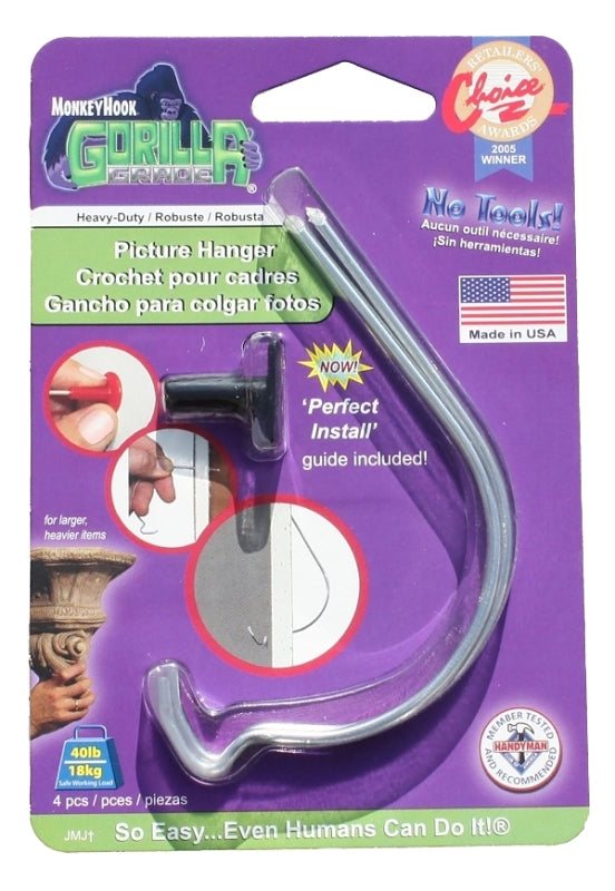 Monkey Hook TMH-222 Picture Hanger, 40 lb, High Carbon Spring Steel, Galvanized Zinc, Silver