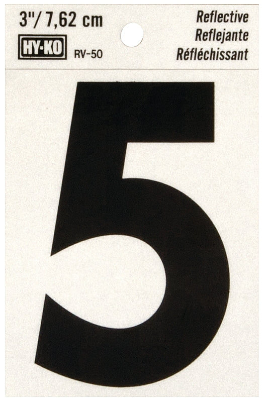 Hy-Ko RV-50/5 Reflective Sign, Character: 5, 3 in H Character, Black Character, Silver Background, Vinyl