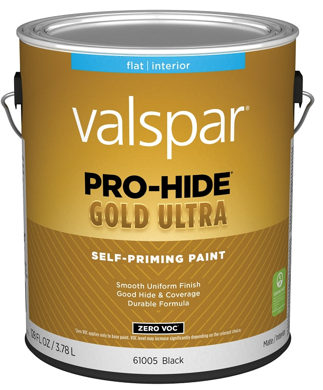 Valspar Pro-Hide Gold Ultra 6100 028.0061005.007 Latex Paint, Acrylic Base, Flat, Black, 1 gal, Plastic Can