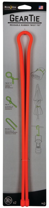Gear Tie GT32-2PK-31 Twist Tie, Rubber, Bright Orange, 18 in L, 2/PK