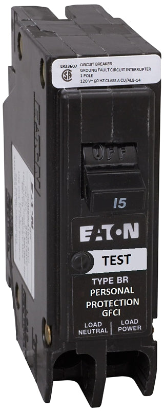 Eaton BRP115GFC Circuit Breaker, GFCI, Type BR, 15 A, 1-Pole, 120 VAC, Center, Long Time