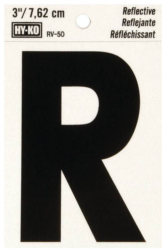 Hy-Ko RV-50/R Reflective Letter, 2-1/2 in W x 4 in H Dimensions, Character: R, 3 in H Character, Black Character, Vinyl