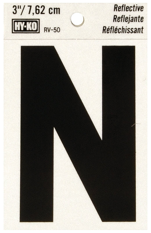 Hy-Ko RV-50/N Reflective Letter, 2-1/2 in W x 4 in H Dimensions, Character: N, 3 in H Character, Black Character, Vinyl