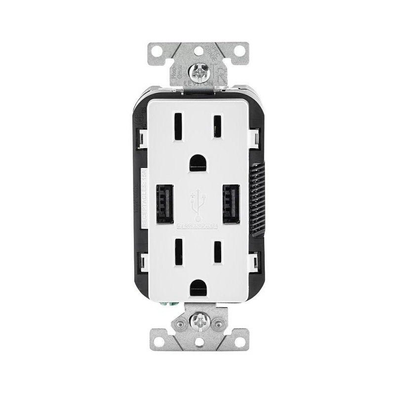 Leviton R02-T5632-0BW Series Combination USB Receptacle, White, 2-Pole, 3.1 A USB, 15 A Receptacle, 2-USB Port