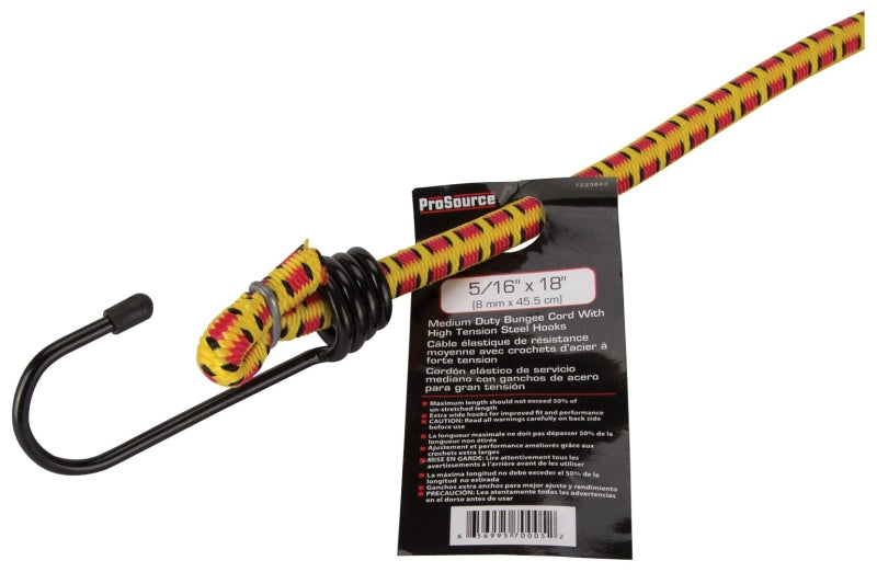 ProSource RT0818 Stretch Cord, 8 mm Dia, 18 in L, Polypropylene, Red/Yellow, Hook End