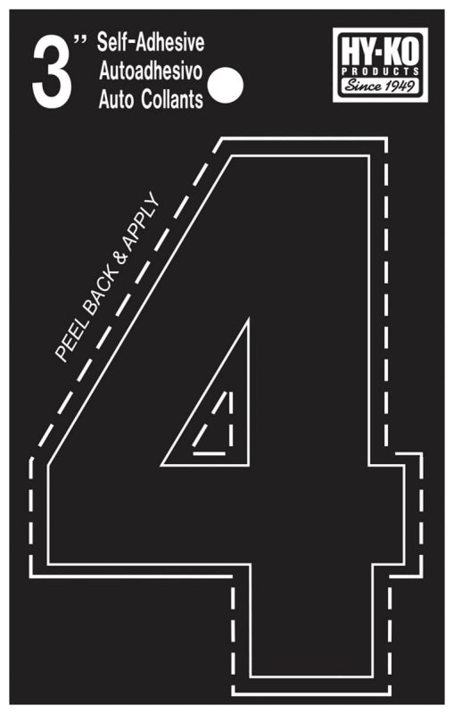 Hy-Ko 30400 Series 30404 Die-Cut Number, Character: 4, 3 in H Character, Black Character, Vinyl