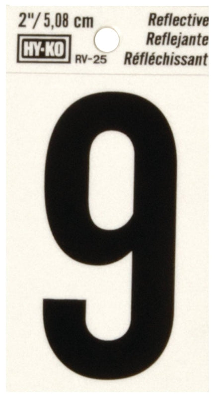 Hy-Ko RV-25/9 Reflective Sign, Character: 9, 2 in H Character, Black Character, Silver Background, Vinyl