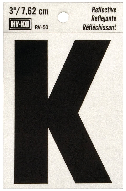 Hy-Ko RV-50/K Reflective Letter, Character: K, 3 in H Character, Black Character, Silver Background, Vinyl