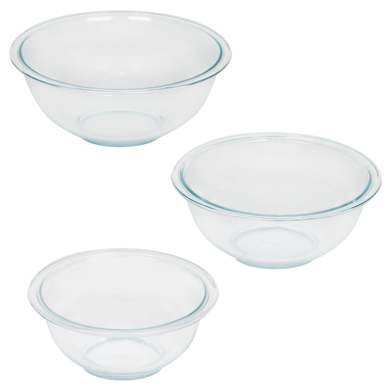 Pyrex 6001001 Mixing Bowl Set, Includes: 1, 1-1/2 and 2-1/2 qt Bowls, Glass, Clear