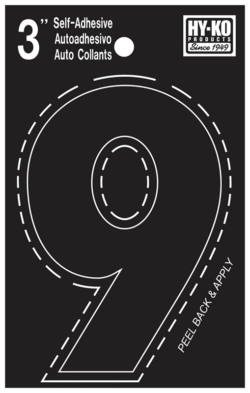 Hy-Ko 30400 Series 30409 Die-Cut Number, Character: 9, 3 in H Character, Black Character, Vinyl