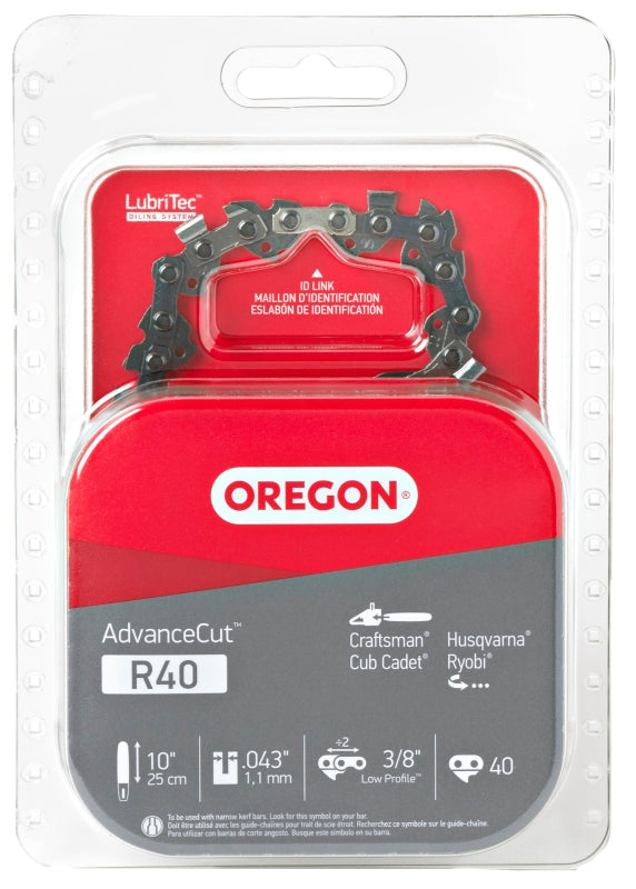 Oregon AdvanceCut R40 Chainsaw Chain, 10 in L Bar, 0.043 Gauge, 3/8 in TPI/Pitch, 40-Link