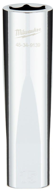 Milwaukee 45-34-9139 Socket, 15 mm Socket, Deep Socket, 0.85 in OAL, 1/2 in Drive, 6 -Point, Chrome Vanadium Steel